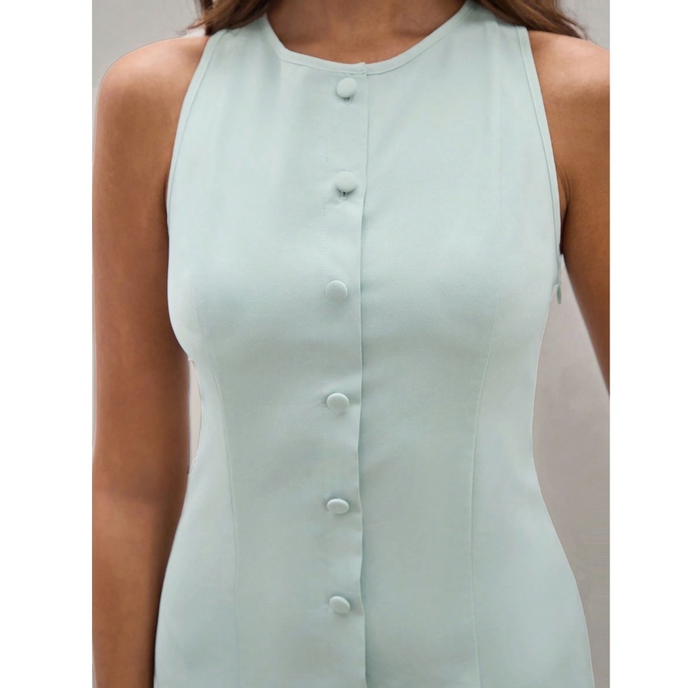 Mint Green Short Button Through Mini Dress Sleeveless - Picture 6 of 8